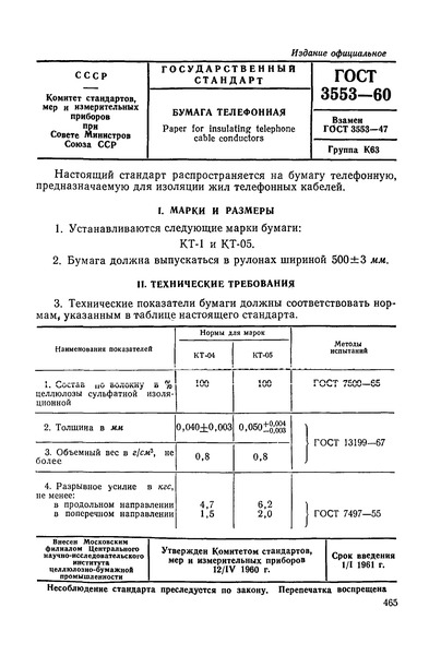 ГОСТ 3553-60 Бумага телефонная
