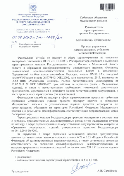 Письмо 01И-1244/20 О недоброкачественном медицинском изделии