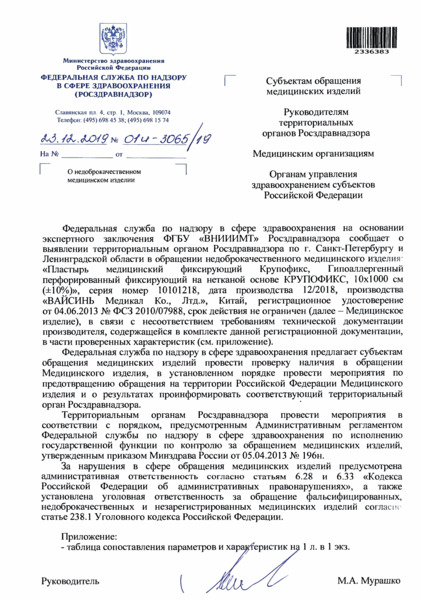 Письмо 01И-3065/19 О недоброкачественном медицинском изделии