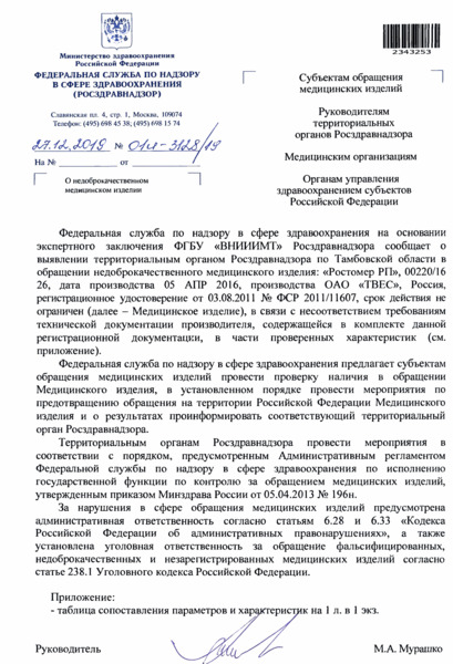 Письмо 01И-3128/19 О недоброкачественном медицинском изделии