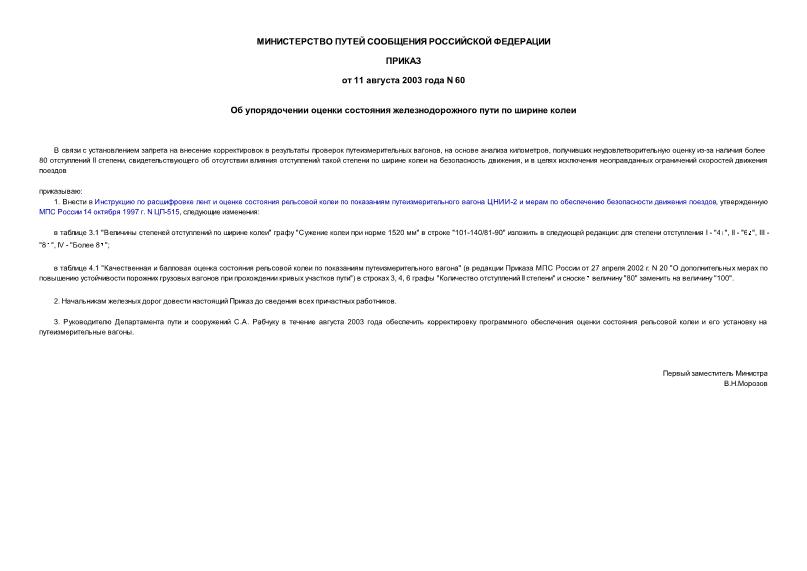 Приказ 60 Об упорядочении оценки состояния железнодорожного пути по ширине колеи