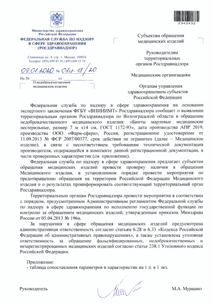 Письмо 01И-18/20 О недоброкачественном медицинском изделии