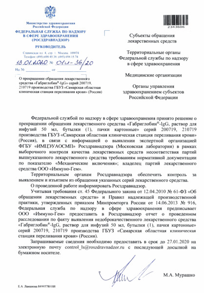 Письмо 01И-36/20 О прекращении обращения лекарственного средства 