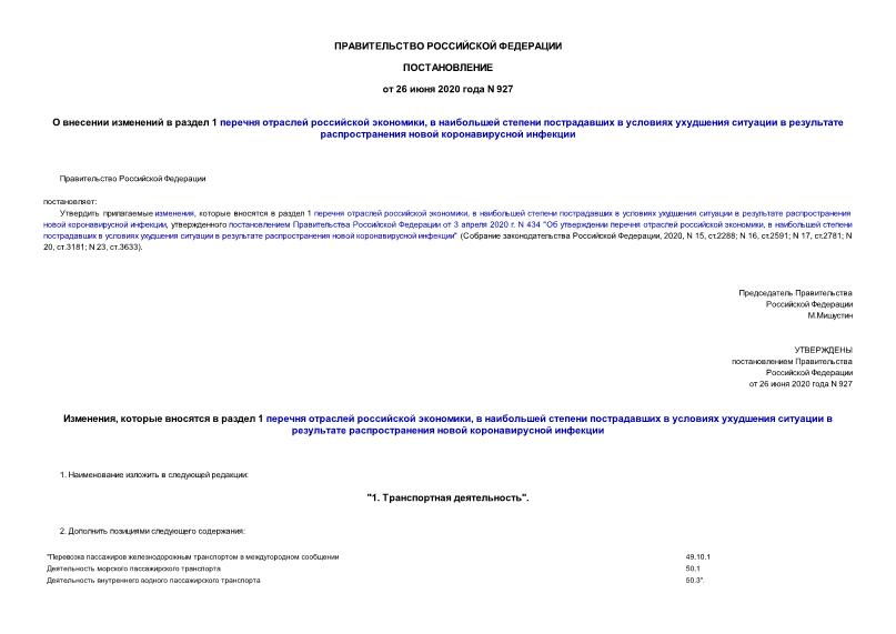 Постановление 927 О внесении изменений в раздел 1 перечня отраслей российской экономики, в наибольшей степени пострадавших в условиях ухудшения ситуации в результате распространения новой коронавирусной инфекции