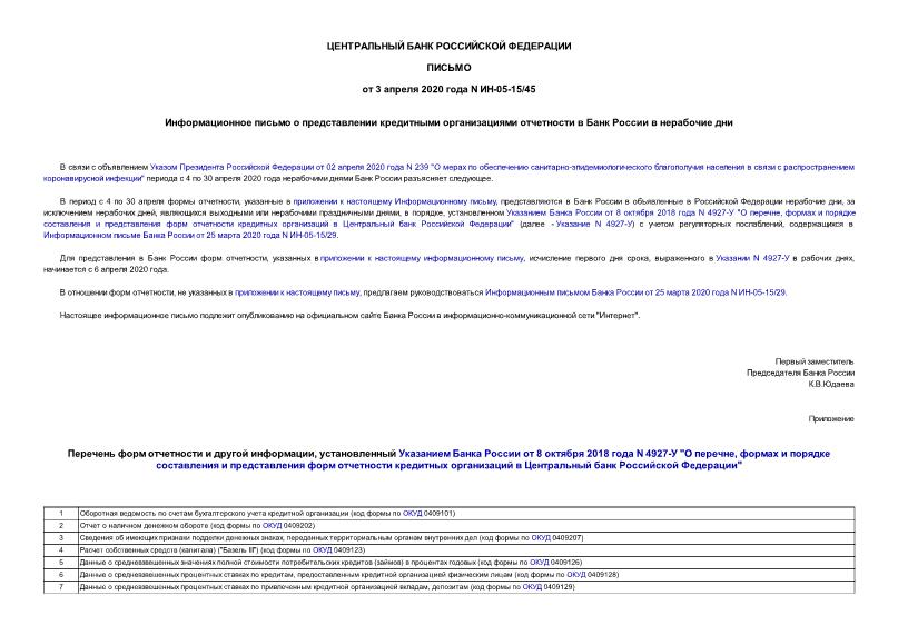 Информационное письмо ИН-05-15/45 Информационное письмо о представлении кредитными организациями отчетности в Банк России в нерабочие дни