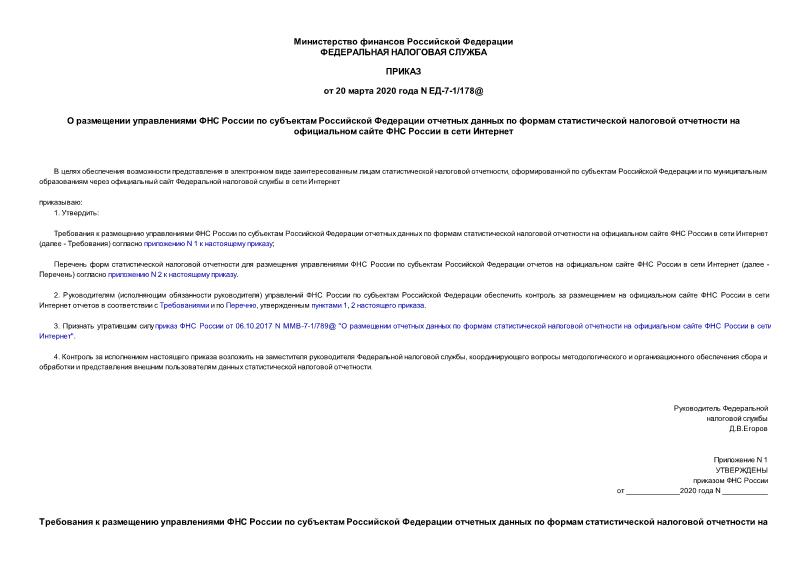 Приказ ЕД-7-1/178@ О размещении управлениями ФНС России по субъектам Российской Федерации отчетных данных по формам статистической налоговой отчетности на официальном сайте ФНС России в сети Интернет
