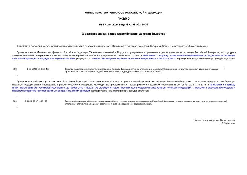 Письмо 02-05-07/38995 О резервировании кодов классификации доходов бюджетов