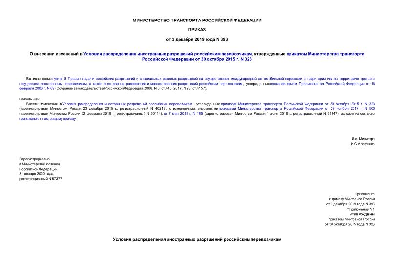 Приказ 393 О внесении изменений в Условия распределения иностранных разрешений российским перевозчикам, утвержденные приказом Министерства транспорта Российской Федерации от 30 октября 2015 г. N 323