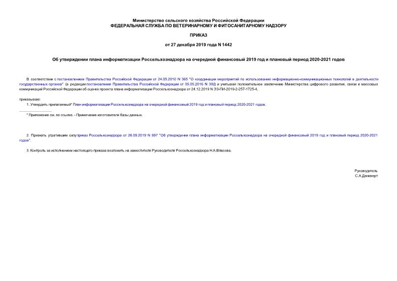 Приказ 1442 Об утверждении плана информатизации Россельхознадзора на очередной финансовый 2019 год и плановый период 2020-2021 годов
