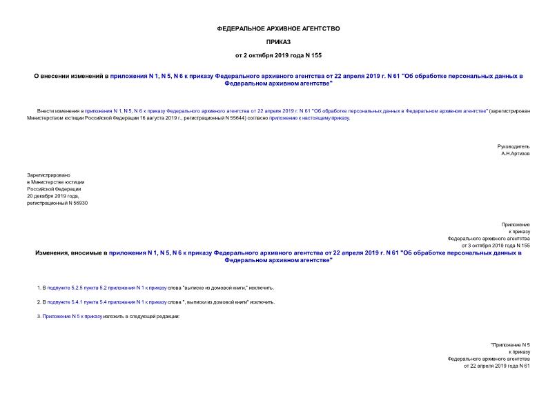 Приказ 155 О внесении изменений в приложения N 1, N 5, N 6 к приказу Федерального архивного агентства от 22 апреля 2019 г. N 61 