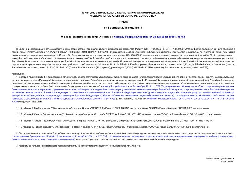 Приказ 510 О внесении изменений в приложение к приказу Росрыболовства от 24 декабря 2018 г. N 763