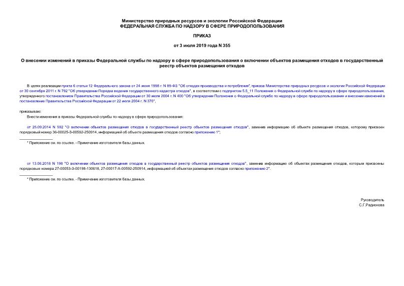Приказ 355 О внесении изменений в приказы Федеральной службы по надзору в сфере природопользования о включении объектов размещения отходов в государственный реестр объектов размещения отходов
