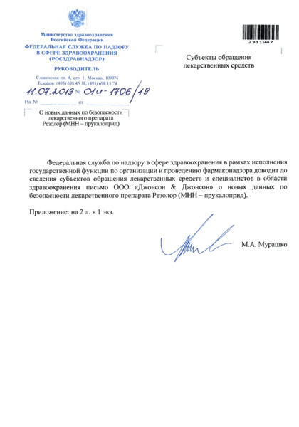 Письмо 01И-1706/19 О новых данных по безопасности лекарственного препарата Резолор (МНН - прукалоприд)