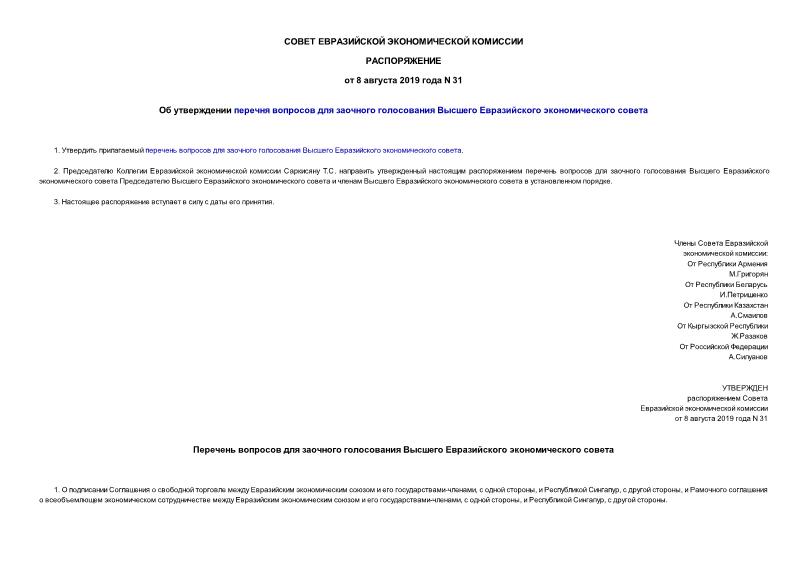 Распоряжение 31 Об утверждении перечня вопросов для заочного голосования Высшего Евразийского экономического совета