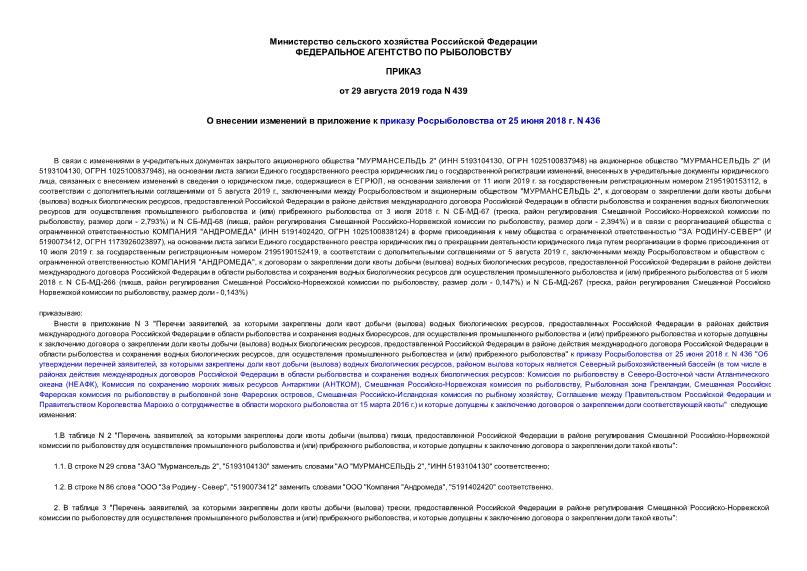 Приказ 439 О внесении изменений в приложение к приказу Росрыболовства от 25 июня 2018 г. N 436