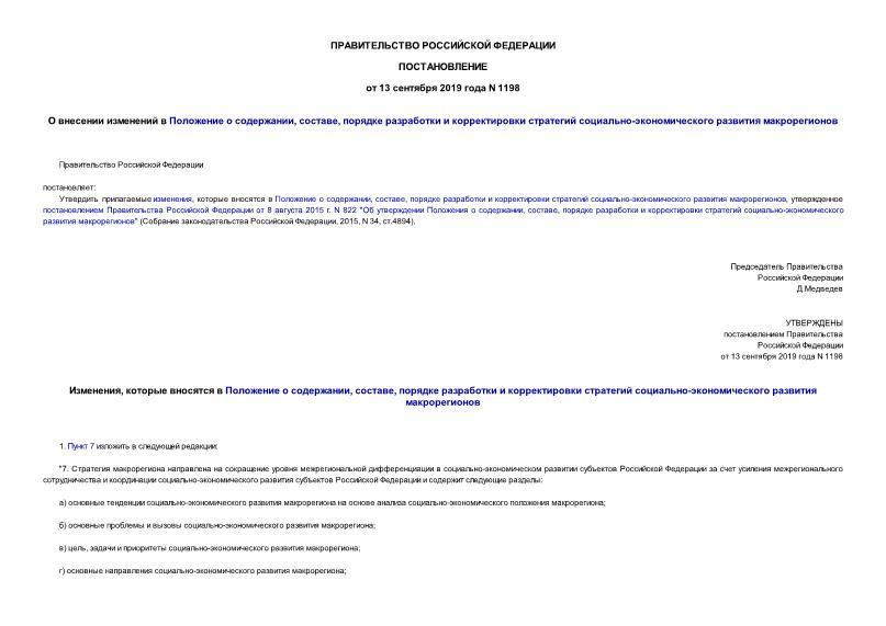 Постановление 1198 О внесении изменений в Положение о содержании, составе, порядке разработки и корректировки стратегий социально-экономического развития макрорегионов
