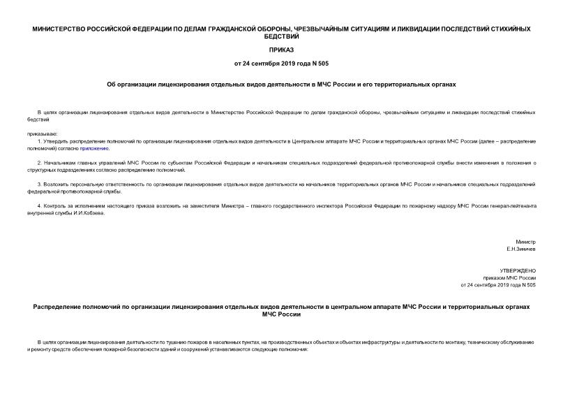 Приказ 505 Об организации лицензирования отдельных видов деятельности в МЧС России и его территориальных органах