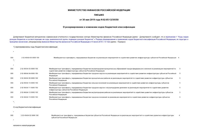 Письмо 02-05-12/39350 О резервировании и изменении кодов бюджетной классификации