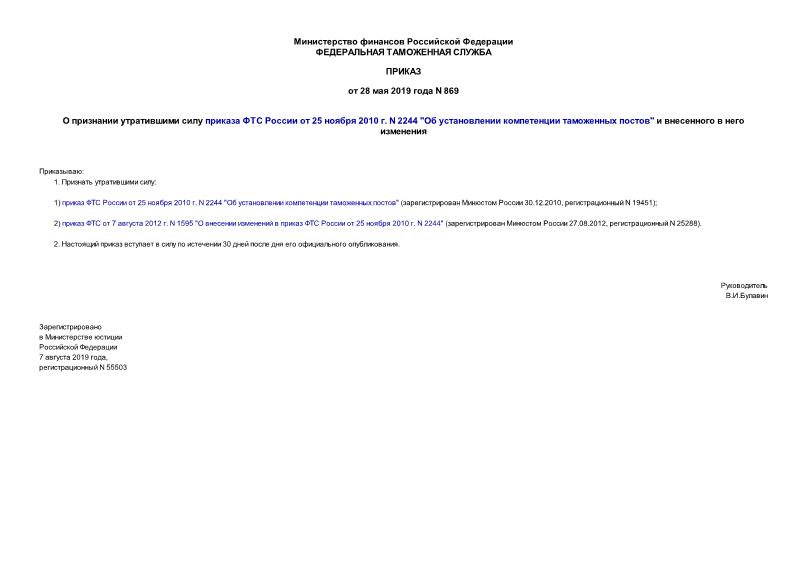 Приказ 869 О признании утратившими силу приказа ФТС России от 25 ноября 2010 г. N 2244 