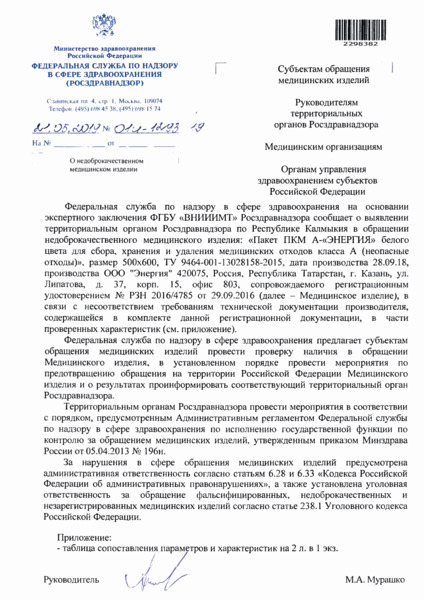 Письмо 01И-1293/19 О недоброкачественном медицинском изделии