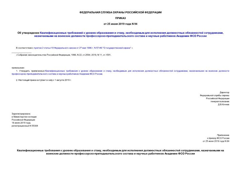 Приказ 94 Об утверждении Квалификационных требований к уровню образования и стажу, необходимым для исполнения должностных обязанностей сотрудниками, назначаемыми на воинские должности профессорско-преподавательского состава и научных работников Академии ФСО России