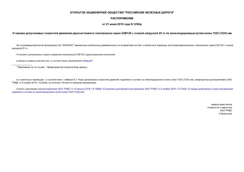Распоряжение 1250/р О нормах допускаемых скоростей движения двухсистемного электровоза серии 2ЭВ120 с осевой нагрузкой 25 тс по железнодорожным путям колеи 1520 (1524) мм