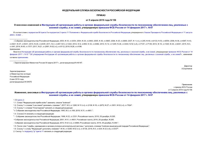 Приказ 156 О внесении изменений в Инструкцию об организации работы в органах федеральной службы безопасности по пенсионному обеспечению лиц, уволенных с военной службы, и их семей, утвержденную приказом ФСБ России от 14 февраля 2017 г. N 87