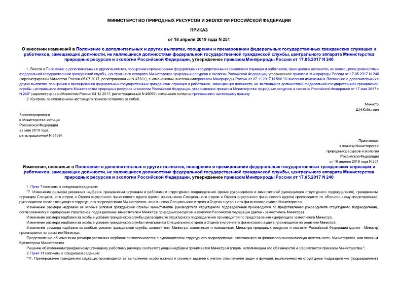 Приказ 251 О внесении изменений в Положение о дополнительных и других выплатах, поощрении и премировании федеральных государственных гражданских служащих и работников, замещающих должности, не являющиеся должностями федеральной государственной гражданской службы, центрального аппарата Министерства природных ресурсов и экологии Российской Федерации, утвержденное приказом Минприроды России от 17.05.2017 N 240