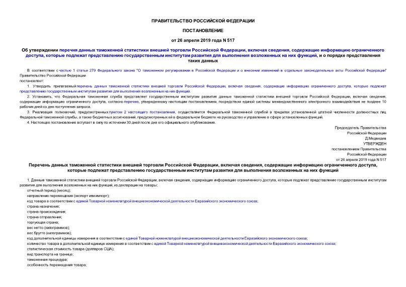 Постановление 517 Об утверждении перечня данных таможенной статистики внешней торговли Российской Федерации, включая сведения, содержащие информацию ограниченного доступа, которые подлежат представлению государственным институтам развития для выполнения возложенных на них функций, и о порядке представления таких данных