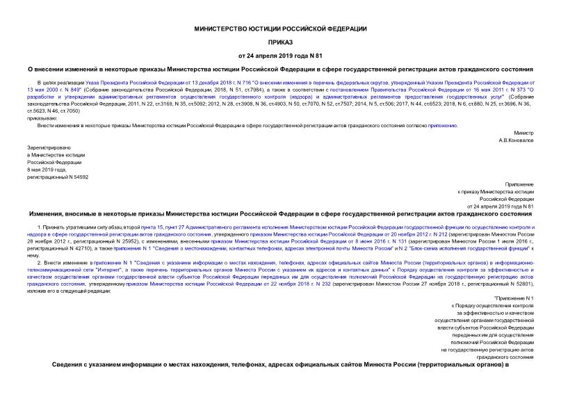 Приказ 81 О внесении изменений в некоторые приказы Министерства юстиции Российской Федерации в сфере государственной регистрации актов гражданского состояния