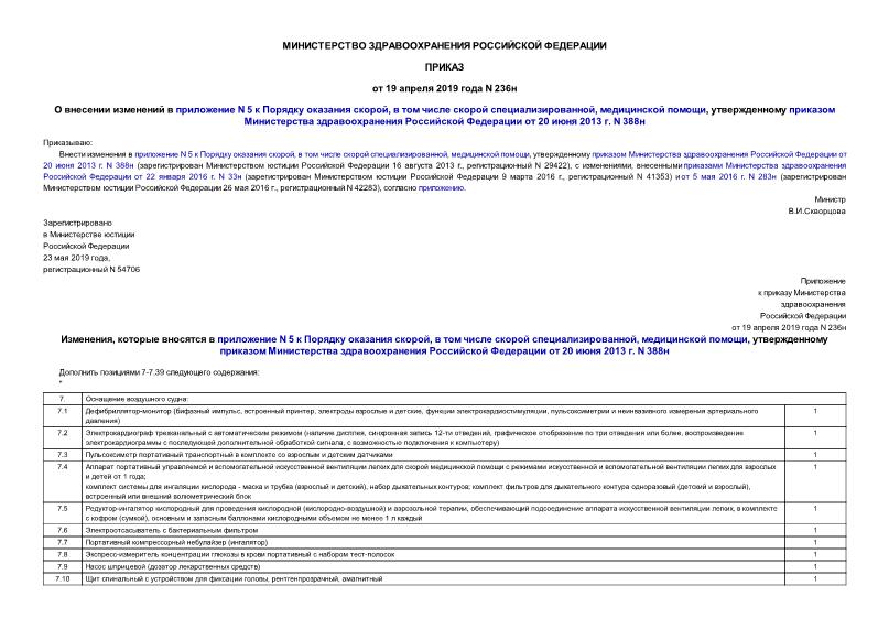 Приказ 236н О внесении изменений в приложение N 5 к Порядку оказания скорой, в том числе скорой специализированной, медицинской помощи, утвержденному приказом Министерства здравоохранения Российской Федерации от 20 июня 2013 г. N 388н