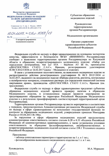 Письмо 01И-1067/19 О незарегистрированном медицинском изделии