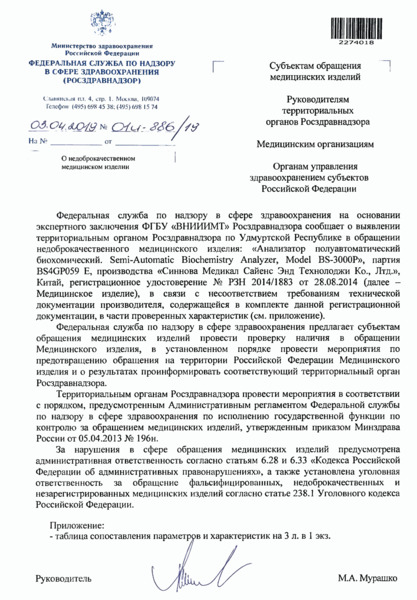 Письмо 01И-886/19 О недоброкачественном медицинском изделии