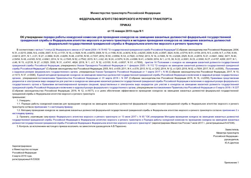 Приказ 1 Об утверждении порядка работы конкурсной комиссии для проведения конкурсов на замещение вакантных должностей федеральной государственной гражданской службы в Федеральном агентстве морского и речного транспорта и методики проведения конкурсов на замещение вакантных должностей федеральной государственной гражданской службы в Федеральном агентстве морского и речного транспорта