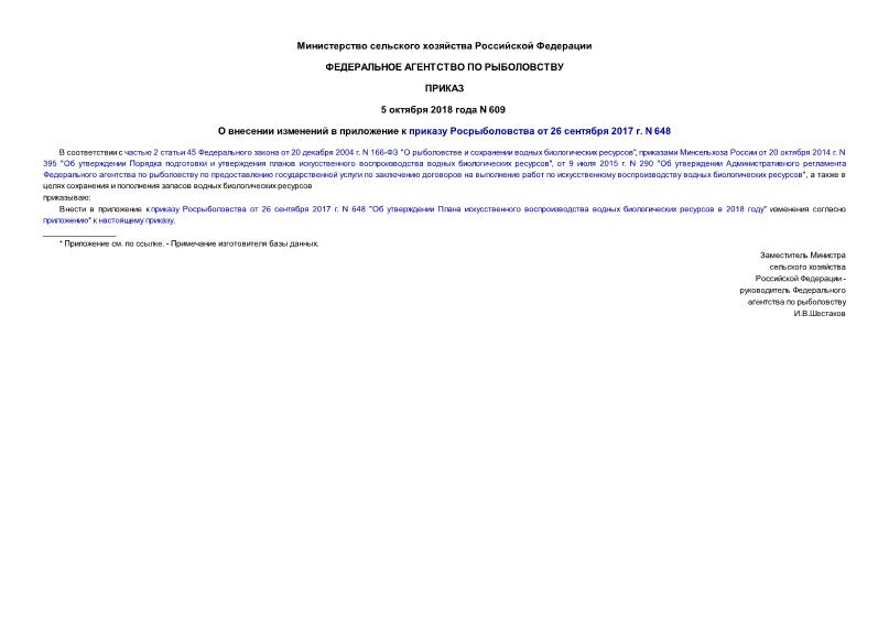 Приказ 609 О внесении изменений в приложение к приказу Росрыболовства от 26 сентября 2017 г. N 648