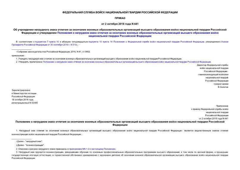 Приказ 441 Об учреждении нагрудного знака отличия за окончание военных образовательных организаций высшего образования войск национальной гвардии Российской Федерации и утверждении Положения о нагрудном знаке отличия за окончание военных образовательных организаций высшего образования войск национальной гвардии Российской Федерации