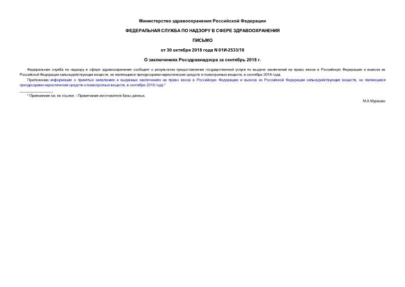 Письмо 01И-2533/18 О заключениях Росздравнадзора за сентябрь 2018 г.