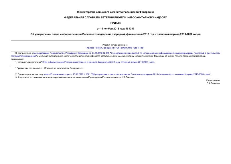 Приказ 1287 Об утверждении Плана информатизации Россельхознадзора на очередной финансовый 2018 год и плановый период 2019-2020 годов
