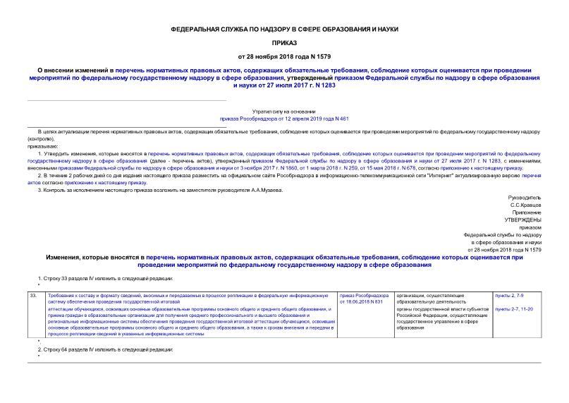 Приказ 1579 О внесении изменений в перечень нормативных правовых актов, содержащих обязательные требования, соблюдение которых оценивается при проведении мероприятий по федеральному государственному надзору в сфере образования, утвержденный приказом Федеральной службы по надзору в сфере образования и науки от 27 июля 2017 г. N 1283
