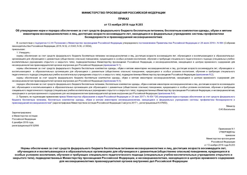 Приказ 203 Об утверждении норм и порядка обеспечения за счет средств федерального бюджета бесплатным питанием, бесплатным комплектом одежды, обуви и мягким инвентарем несовершеннолетних и лиц, достигших возраста восемнадцати лет, находящихся в федеральных учреждениях системы профилактики безнадзорности и правонарушений несовершеннолетних