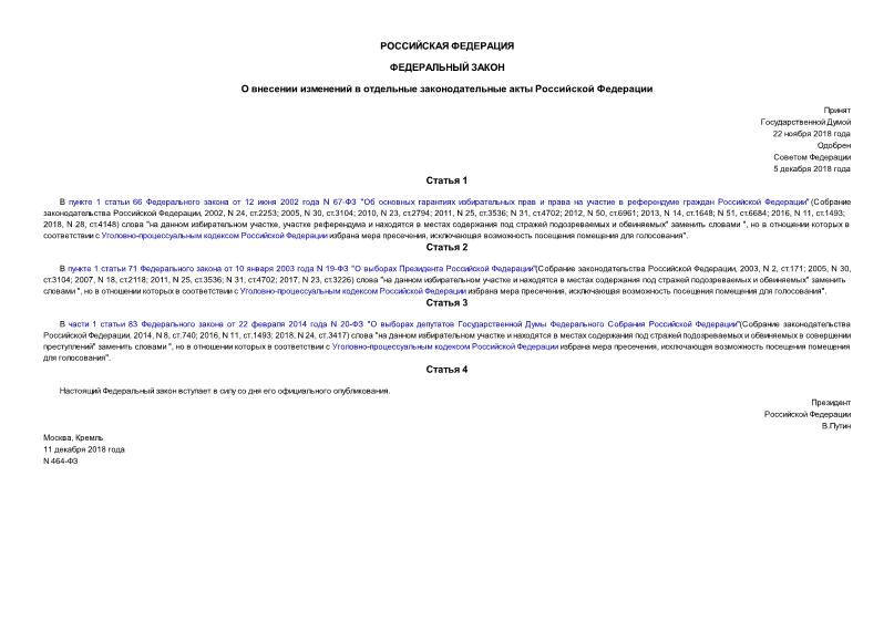 Федеральный закон 464-ФЗ О внесении изменений в отдельные законодательные акты Российской Федерации