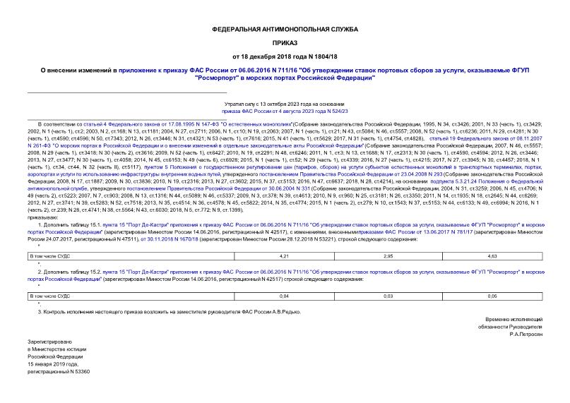 Приказ 1804/18 О внесении изменений в приложение к приказу ФАС России от 06.06.2016 N 711/16 