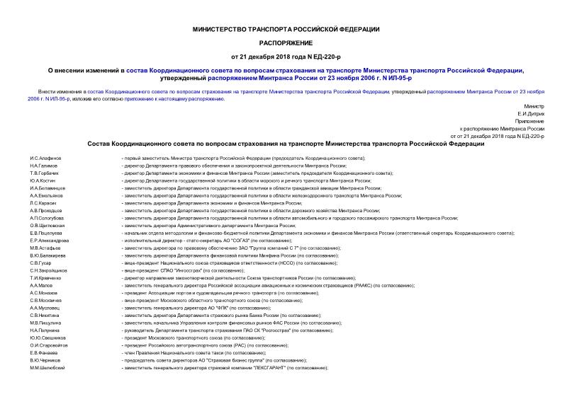 Распоряжение ЕД-220-р О внесении изменений в состав Координационного совета по вопросам страхования на транспорте Министерства транспорта Российской Федерации, утвержденный распоряжением Минтранса России от 23 ноября 2006 г. N ИЛ-95-р