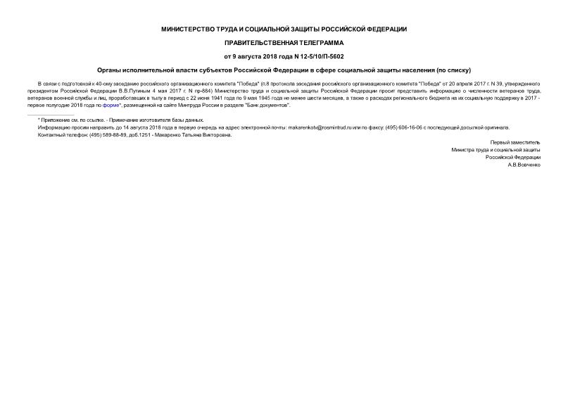 Телеграмма 12-5/10/П-5602 Органы исполнительной власти субъектов Российской Федерации в сфере социальной защиты населения (по списку)