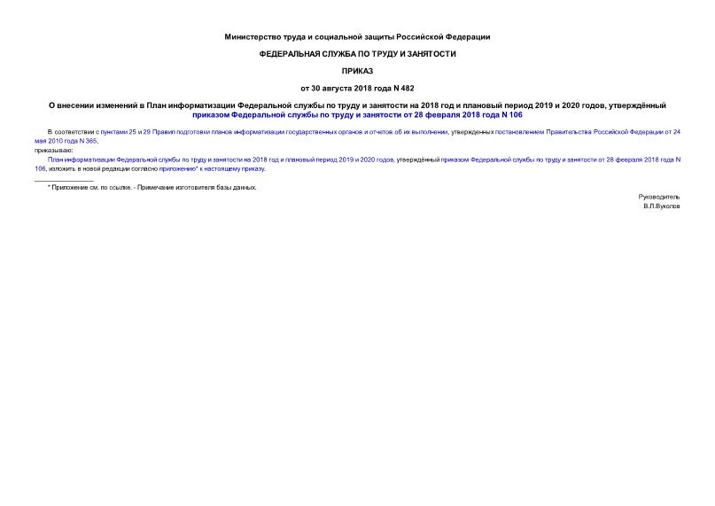 Приказ 482 О внесении изменений в План информатизации Федеральной службы по труду и занятости на 2018 год и плановый период 2019 и 2020 годов, утверждённый приказом Федеральной службы по труду и занятости от 28 февраля 2018 года N 106