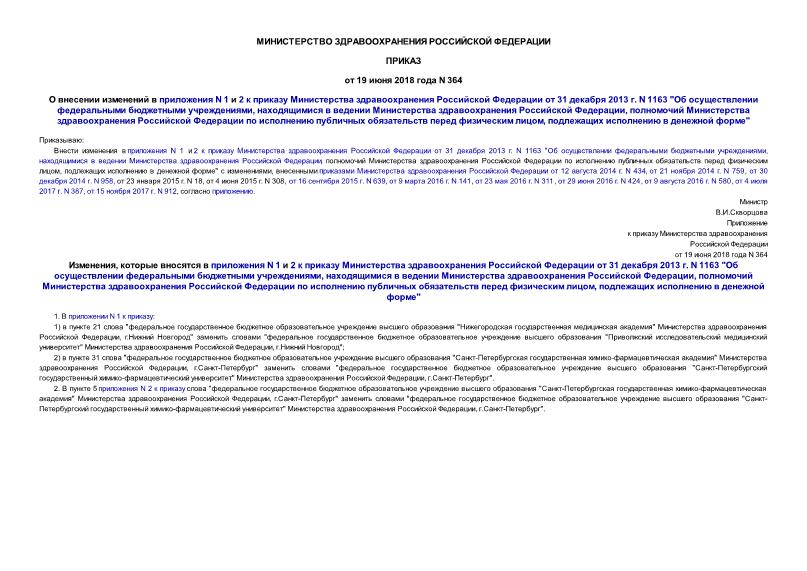 Приказ 364 О внесении изменений в приложения N 1 и 2 к приказу Министерства здравоохранения Российской Федерации от 31 декабря 2013 г. N 1163 