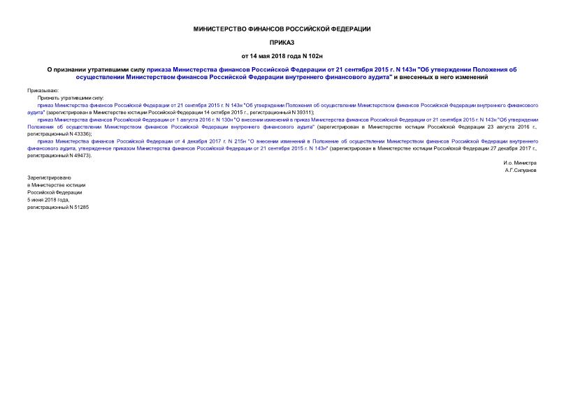 Приказ 102н О признании утратившими силу приказа Министерства финансов Российской Федерации от 21 сентября 2015 г. N 143н 