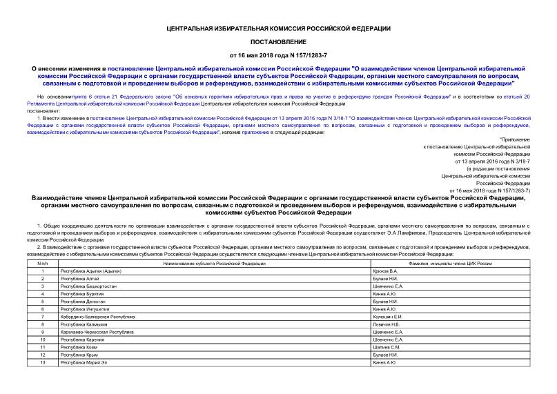 Постановление 157/1283-7 О внесении изменения в постановление Центральной избирательной комиссии Российской Федерации 