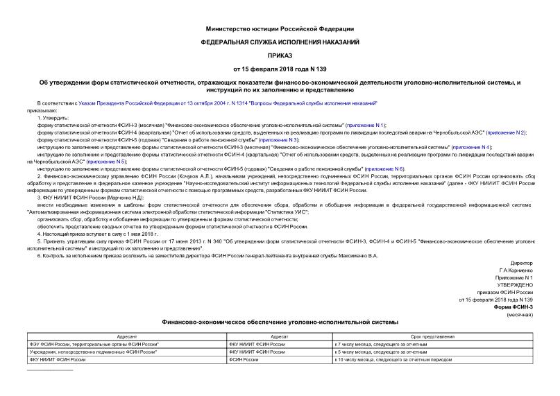Приказ 139 Об утверждении форм статистической отчетности, отражающих показатели финансово-экономической деятельности уголовно-исполнительной системы, и инструкций по их заполнению и представлению