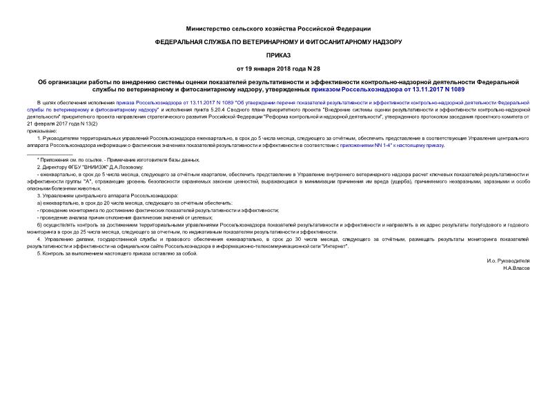 Приказ 28 Об организации работы по внедрению системы оценки показателей результативности и эффективности контрольно-надзорной деятельности Федеральной службы по ветеринарному и фитосанитарному надзору, утвержденных приказом Россельхознадзора от 13.11.2017 N 1089